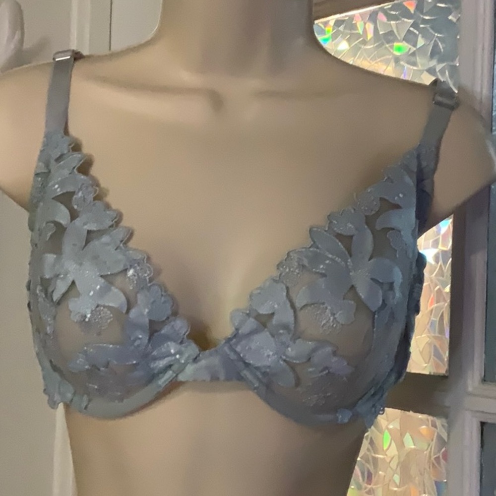 Floral Appliqué Sheer Underwire Bra in Gray